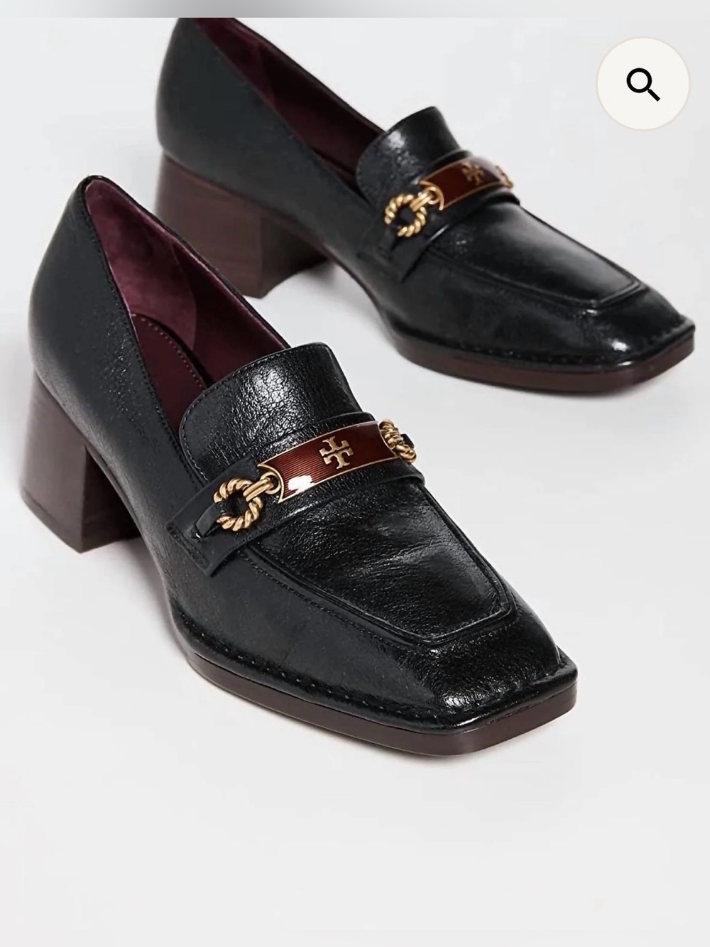 Tory Burch Black Leather Block Heel Loafers with Gold & Brown Hardware